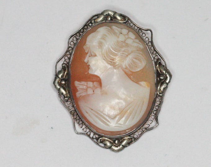 Carved Shell Cameo Brooch Pretty Lady Silver Floral Filigree Frame Vintage
