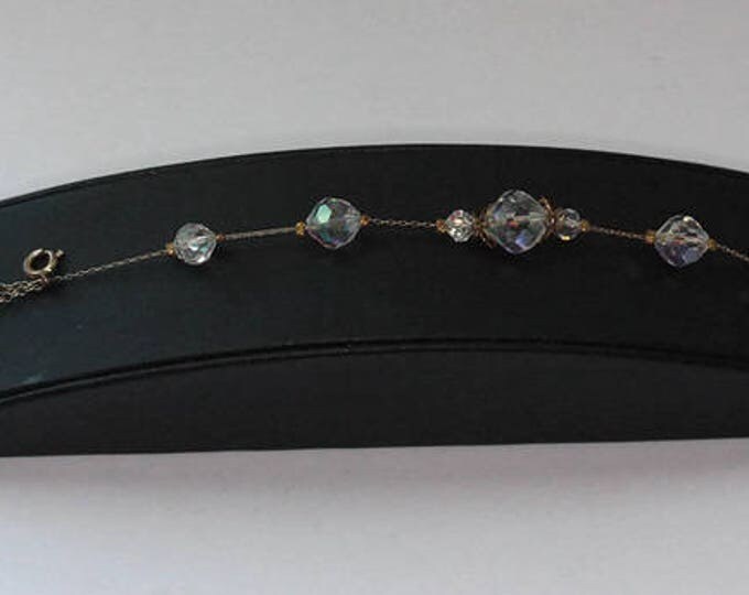 Aurora Borealis Crystal Bead Stations Bracelet Fine Gold Tone Metal Chain Dangles Vintage