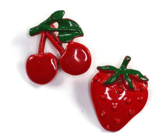 Enameled Red Cherry and Strawberry Scatter Pins Vintage