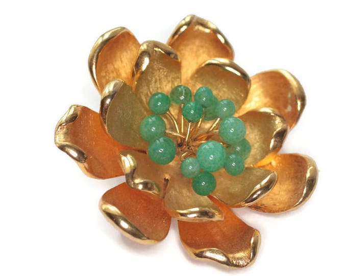Gold Tone Dimensional Flower Brooch Green Glass Accents Vintage