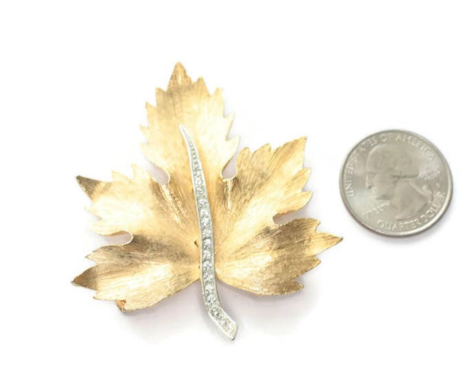 Gold Tone Maple Leaf Brooch Dimensional Clear Rhinestone Accents Vintage