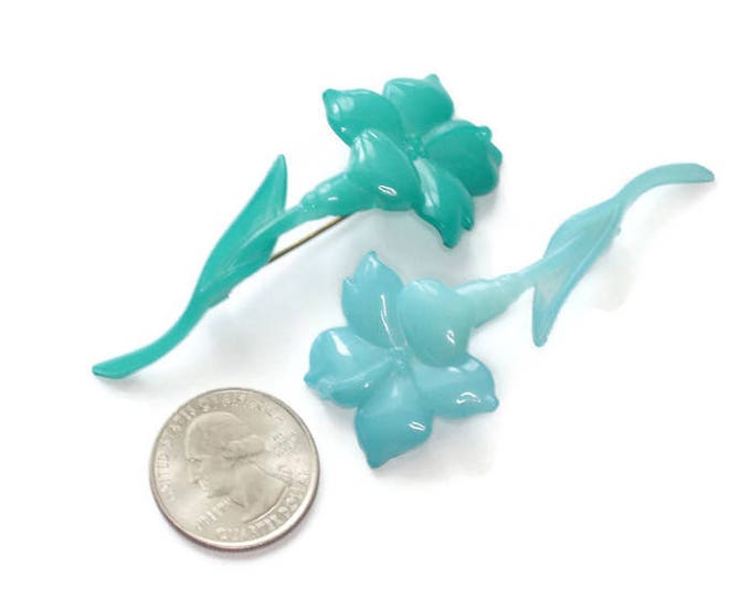 Teal and Turquoise Flower Brooches Buch and Deichmann Denmark Thermoplastic Vintage