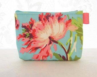 Cosmetic Bag Amy Butler Fabric Zipper Pouch Makeup Bag Bliss Bouquet Teal Cotton Zip Gadget Pouch Floral Turquoise Coral Pink Handmade MTO