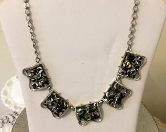 Vintage Black Silver Confetti Coro Necklace Earrings Demi Parure