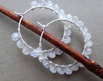 Beaded hoop earrings white gemstone hoop earrings white and silver wire wrapped hoops moonstone hoop earrings moonstone hoops moonstone wrap