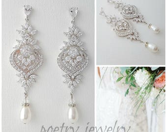 Bridal Earrings, Long Crystal Drop Earrings, Wedding Jewelry, Swarovski Pearls, Crystal Chandelier Wedding Earrings, Maya