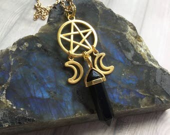 Gold Pentacle Crystal necklace, Triple Goddess, wiccan jewelry, Amethyst, Opalite, Rose Quartz, Obsidian, you choose