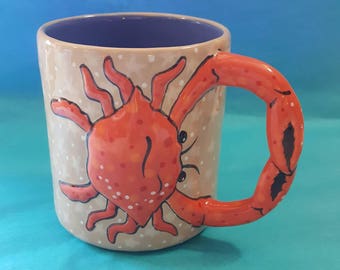 MUG, Hand Painted Mug, Crab mug, Ceramic mug, Whimsical Mug, Coffee Mug, Tea Mug, Hot chocolate Mug, Cocoa Mug, Large Mug, Unique Mug, Crab