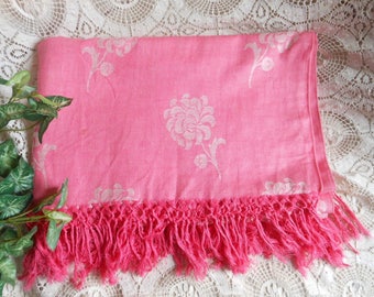 Fringe Bright Pink Damask Tablecloth Dahlia Vintage at Quilted Nest