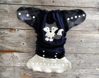 Upcycled Wool Nappy Cover Diaper Cover Wool Wrap Cloth Diaper Cover One Size Fits Most Navy Blue/ Cream & Gray/ Black With Wolf Applique