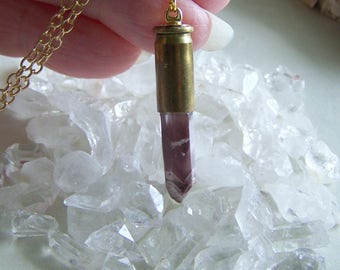Lithium Quartz Brass Bullet Jewelry Pendant Necklace