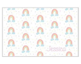 Personalized placemat Reversible rainbows and hearts custom name monogram blue pink