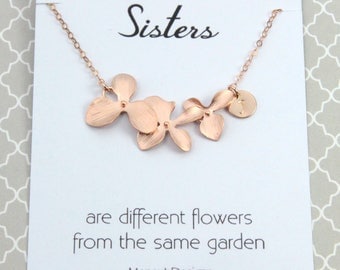 Personalized Sisters Flower Necklace, Bridal Gift for Sisters, Rose Gold Orchid Flower Necklace, Bridesmaids Gift, Silver Gold Available