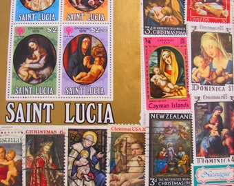 Traditional Christmas 50 Vintage Postage Stamps Religious Christian Easter XMas Nativity God Virgin Fine Art Catholic US Worldwide Philately