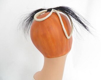 1950s headband black feathers, vintage hat horsehair halfhat