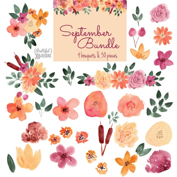Autumn Watercolor Flower Clip Art Commercial Use Autumn Floral Clipart Il_570xn