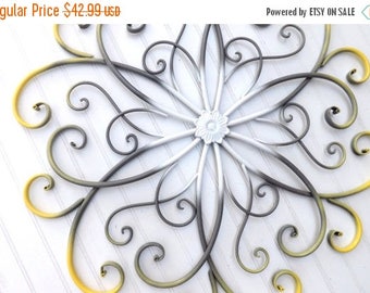 ON SALE GRAY // Yellow //White // Large Metal Wall Art // Bedroom Wall Decor //Flower Wall Art