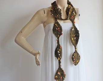 Leaves Necklace Scarf- Lariat Scarf-Olive Green Scarf with flowers