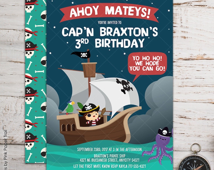 Cute Pirate Birthday Party Invitation, Pirate Ship Party Boy Pirate Birthday Printable Invitation With Back Design, I will customize for you