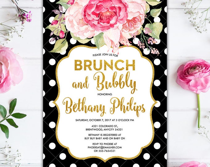 Black and White Polka Dots and Pink Floral and Glitter Gold Bridal Shower Brunch and Bubbly Bachelorette Party Printable Invitation