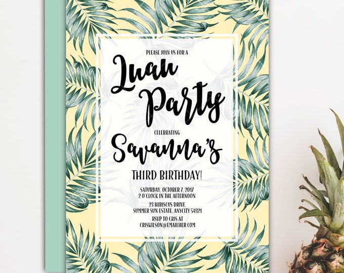 Tropical Birthday Party Invitation, Tropical Palm Leaves PInk and Green Luau Girl Birthday Party Invitation. v.1