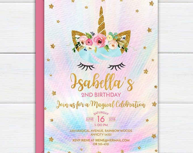 Unicorn Invitation, Rainbow Unicorn Birthday Party Invitation, Gold Glitter Rainbow Pastel Unicorn Birthday Party Printable Invitation