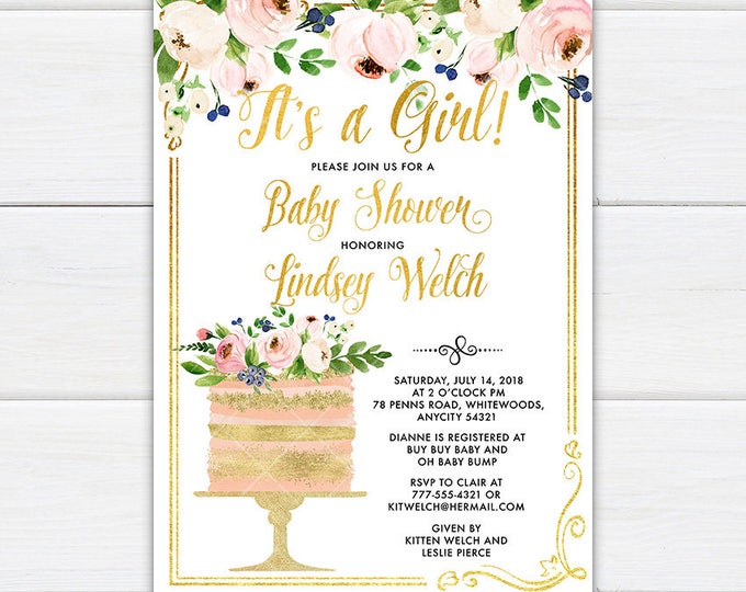 Cake Baby Shower Invitation, Oh So Sweet Dainty Blush Pink and Gold Glitter Floral and Cake Girl Baby Shower Party Printable Invitation
