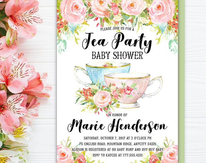 Tea Party Baby Shower Invitation, Floral Tea Party, Floral High Tea Party Invite, Shabby Chic Floral Shower Tea Party Printable Invitation