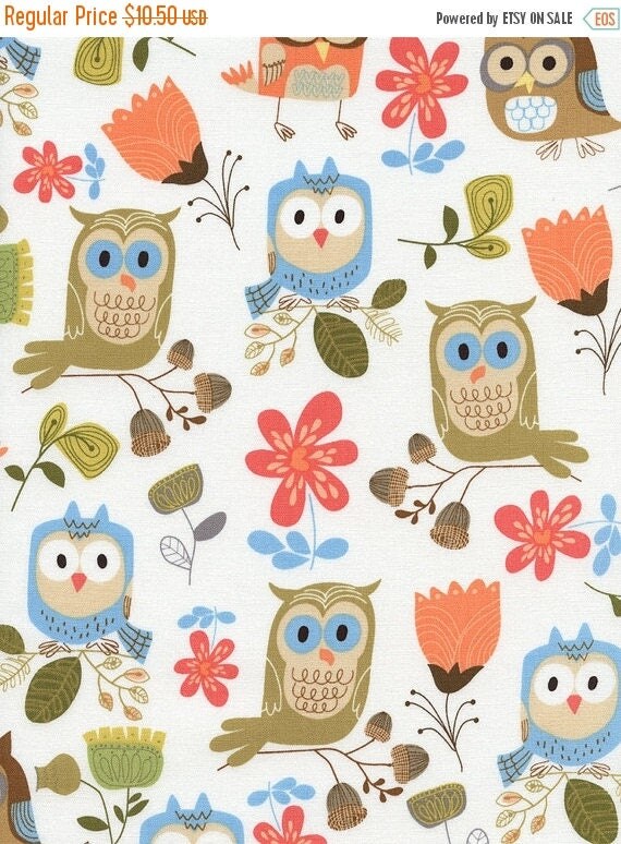 Items similar to 40% Off Sale - Owls with Floral and Acorns C1823 White ...