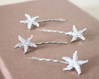 Set of four sparkly silver starfish hair clips, starfish clips, silver stars, sparkly hair clips