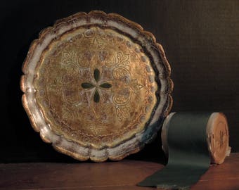 Vintage White Italian Florentine Wood Tray / Gold Gilt / Wood Tray / Green Details
