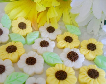 DAISIES AND LEAVES - 6 dozen Cream Cheese Mints, Weddings, Birthdays, Cupcake Toppers, Cake Decoratioms, Special Occasions