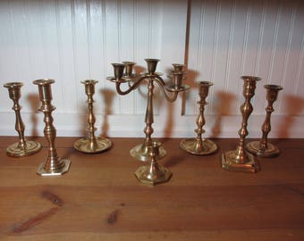7 Assorted Brass Candlesticks and 1 Candelabra, Wedding, Decor, Regency, Staging, BRCD