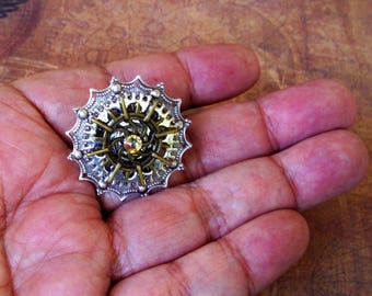 Steampunk Tie Tack (TT702) Silver and Brass Stamping, Gears, Swarovski Crystal, Tie Tack