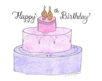 90th Birthday Card PERSONALIZED for FREE Any Number Any Name Personalized With a Name and Birth Date on Cake Tiers...Original Hand-Painted