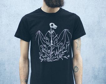 Bat Skeleton and Chicory Black Screen Printed Punk Unisex T-Shirt
