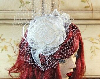 Ivory Wedding Fascinator Hat with Netting, Cream Kentucky Derby Hat - Tea Party British Wedding Hat - cocktail hat - church hat
