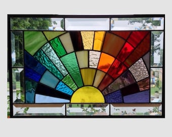 Beveled stained glass window panel rainbow arch geometric stained glass panel window hanging abstract suncatcher 0266 17 1/2 x 11 1/2