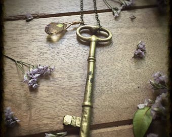 Vintage Brass Key Long Necklace with Crystal, Boho Jewelry, Authentic Antique Key Statement Necklace, Gold Key, Skeleton Key Necklace