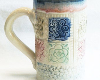 ceramic patchwork floral coffee mug 16oz stoneware 16D062