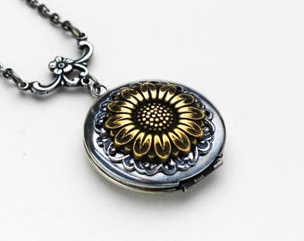 Sunflower Necklace, Sunflower Locket Necklace, Silver Sunflower Locket, Sunflower Jewelry, Sunflower Pendant, Birthday Gift, Bridesmaid Gift