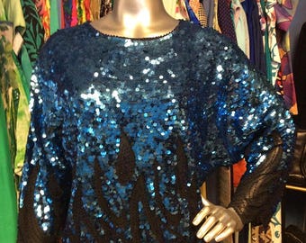 Vintage Blue Sequin Oversized Top