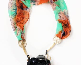 NEW Green and Orange Floral Camera Strap, DSLR Scarf Camera Strap, Stylish Green/Orange/Gold Camera Strap