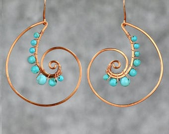 Copper wiring turquoise shell hoop Rococo earring handmade US free shipping Anni Designs