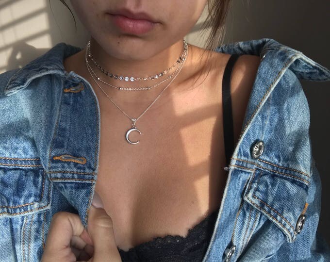 Layered necklace, Silver necklace, layered necklace, choker necklace, dainty necklace, dainty choker, moon necklace, station necklace