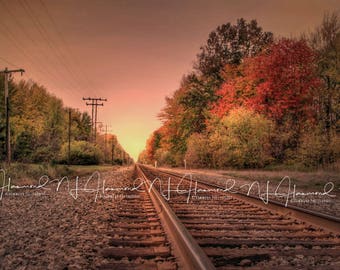 Summer/Fall Railroad Tracks digital backdrop/background sunrise, rails, trees, autumn morning photoshop background digital download
