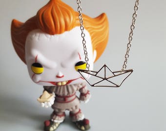 Paper Boat Charm Necklace, Pennywise IT Clown inspired, Origami Boat, Horror Fan, Fan Jewellery Comic Con, Handmade Silver Charm Necklace