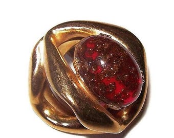 Amber Glass Scarf Slide Bolo Genuine Stone Gold Metal Mid Century 1 1/2" Vintage
