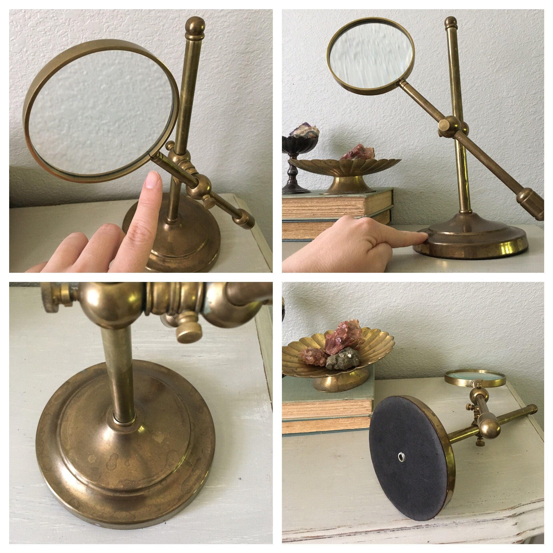 Vintage Magnifying Glass In Lovely Brass Metal / Pedestal Base