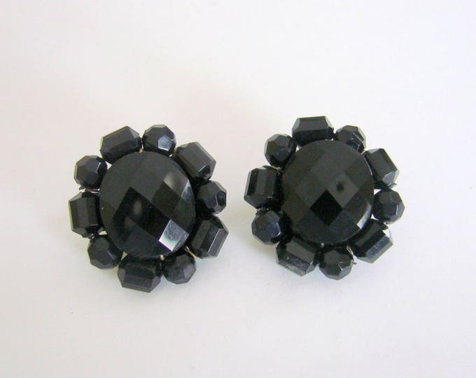 1940s Germany Black Faceted Lucite Bead Cluster Earrings / Clips / Vintage Jewelry / Jewellery